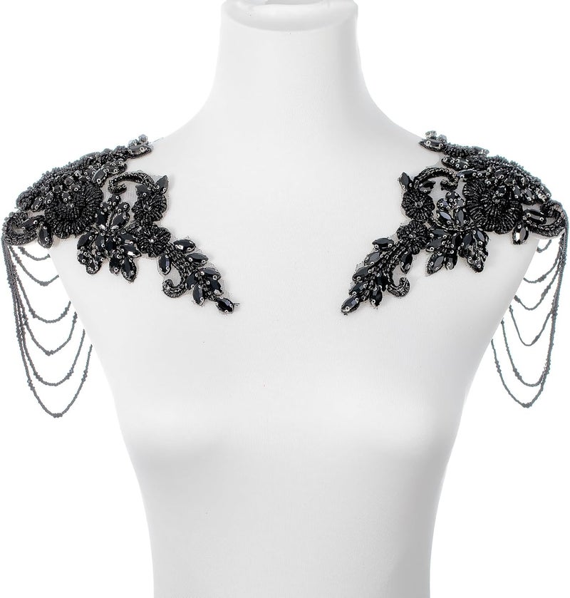 amusediy Black Pair Beaded Rhinestones Applique Embellishment for Clothes,Epaulettes Shoulder Patches Sew-on Diamond Sequin Applique for Wedding Dress DIY Accessories - Image 1